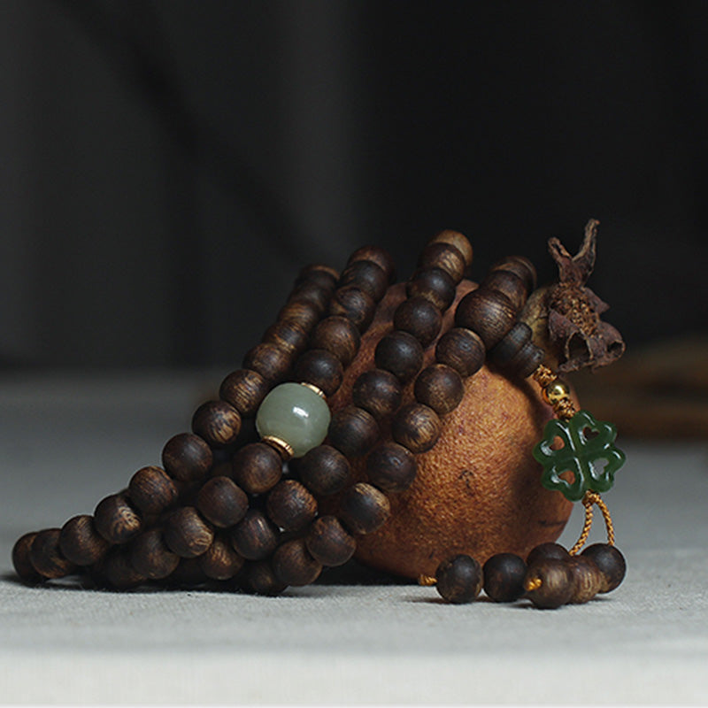 Bracelet Mala 108 Perles Bois Agarwood Jade 999 Or Paix