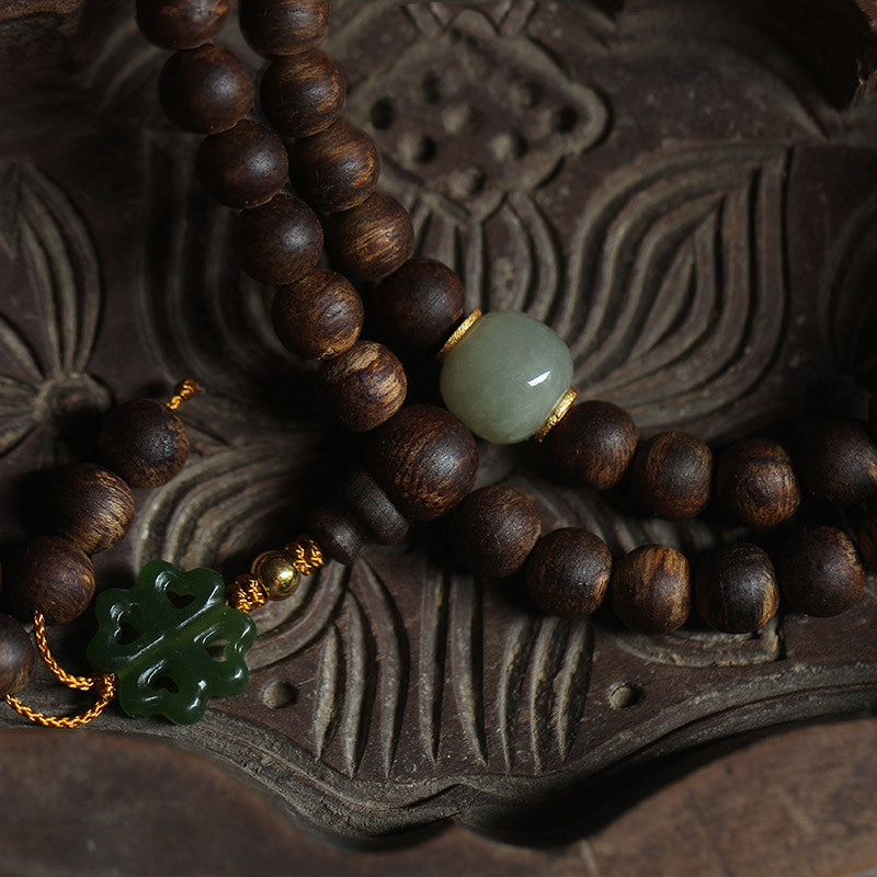 Bracelet Mala 108 Perles Bois Agarwood Jade 999 Or Paix