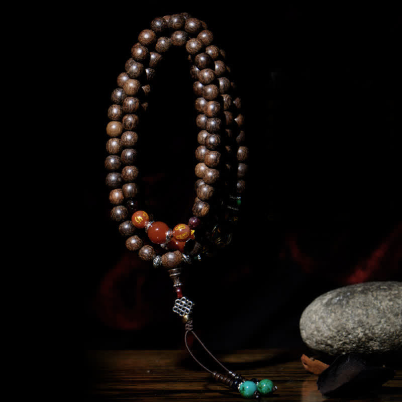 Bracelet Mala 108 en bois d'agar et d'agate rouge pour la paix et la force