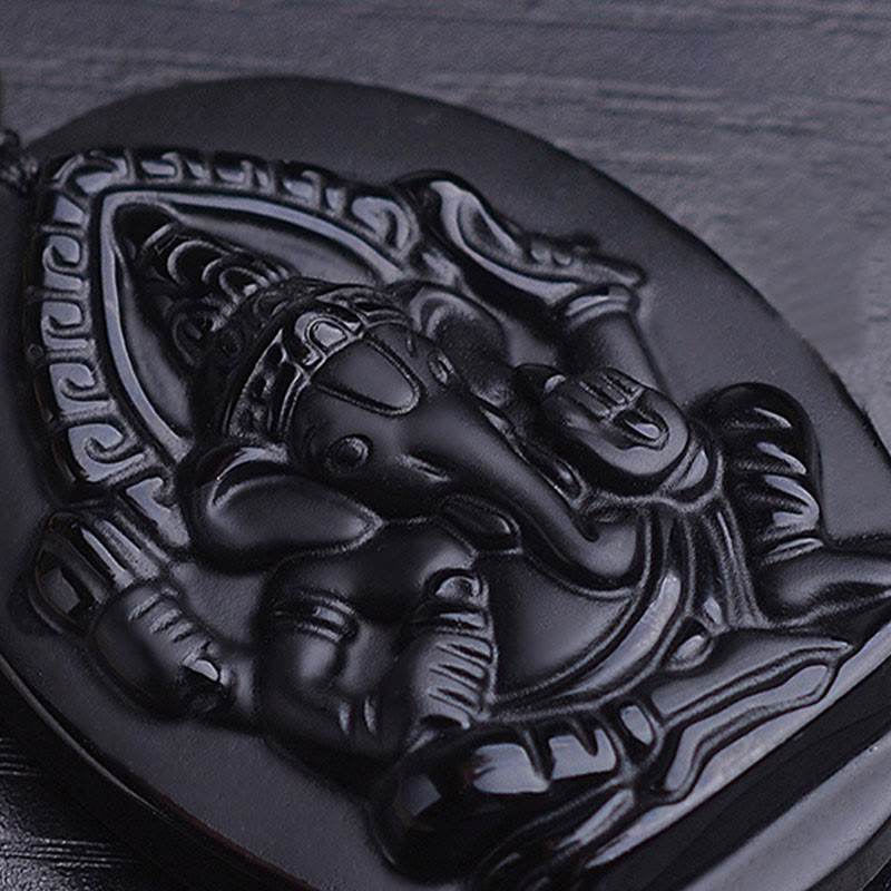 Obsidian Ganesh Elephant Wealth Amulet Necklace 56cm
