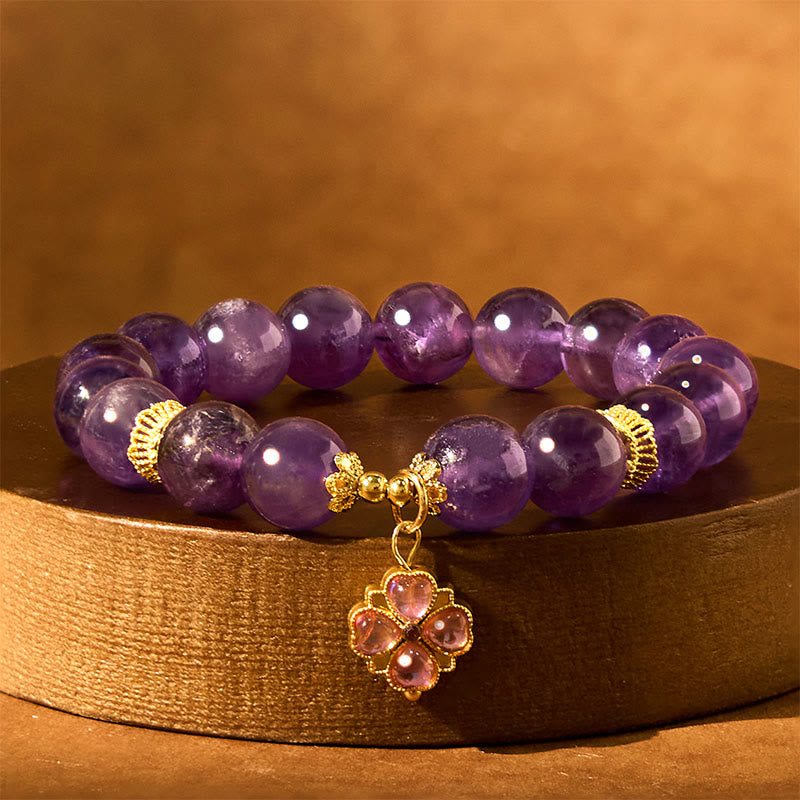 Bracelet de communication en améthyste avec trèfle à quatre feuilles de 10 mm