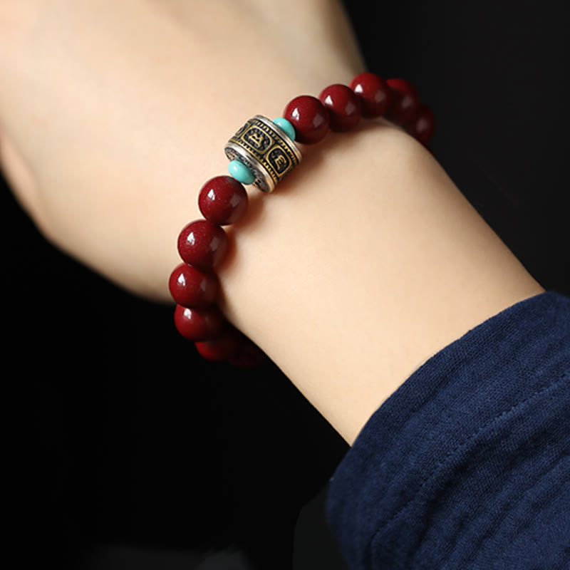 Bracelet calme en argent et cinabre avec symbole du zodiaque chinois de 10 mm