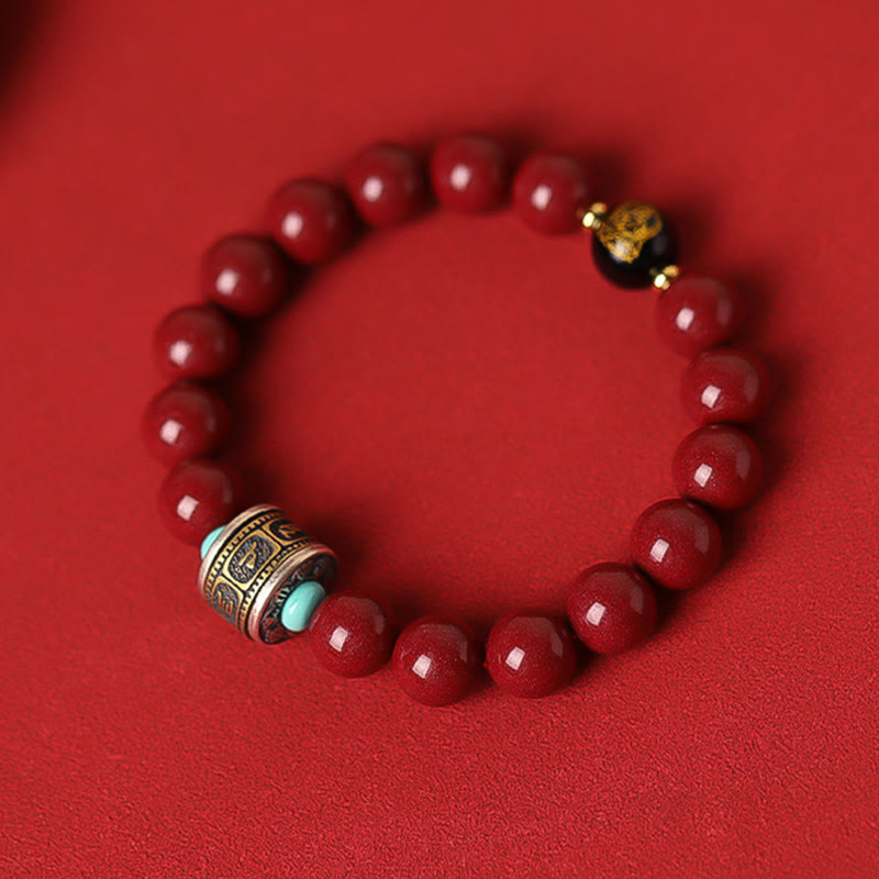 Bracelet calme en argent et cinabre avec symbole du zodiaque chinois de 10 mm