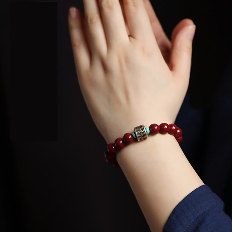 Bracelet calme en argent et cinabre avec symbole du zodiaque chinois de 10 mm