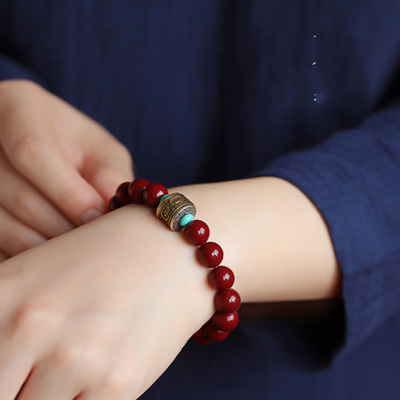 Bracelet calme en argent et cinabre avec symbole du zodiaque chinois de 10 mm