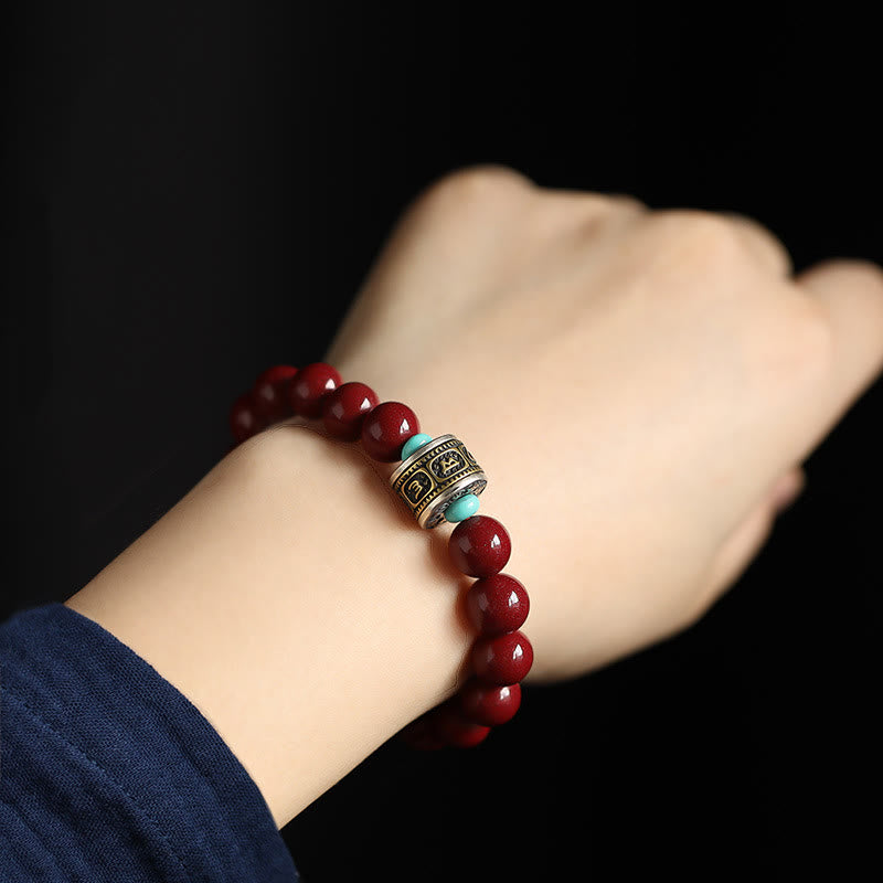 Bracelet calme en argent et cinabre avec symbole du zodiaque chinois de 10 mm