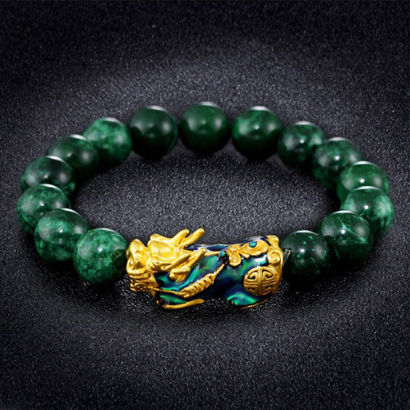 Bracelet de protection Pixiu en jade cyan de 10 mm pour la richesse et la chance