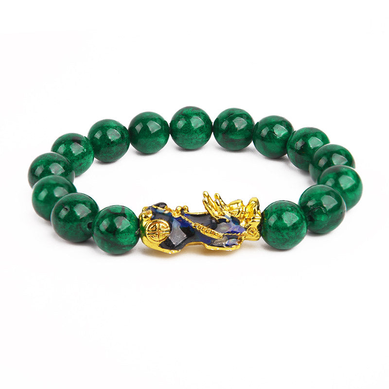 Bracelet de protection Pixiu en jade cyan de 10 mm pour la richesse et la chance
