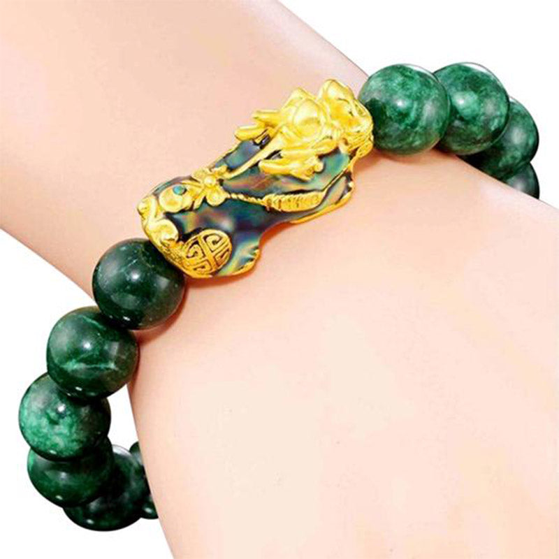 Bracelet de protection Pixiu en jade cyan de 10 mm pour la richesse et la chance