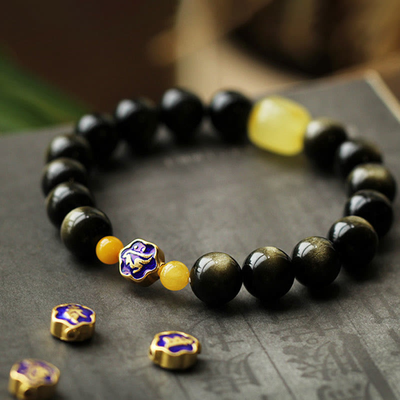Bracelet de protection du zodiaque chinois en obsidienne dorée brillante de 10 mm