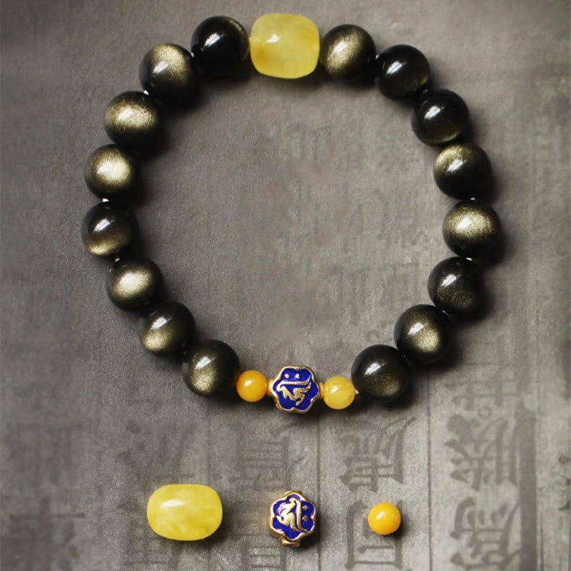 Bracelet de protection du zodiaque chinois en obsidienne dorée brillante de 10 mm