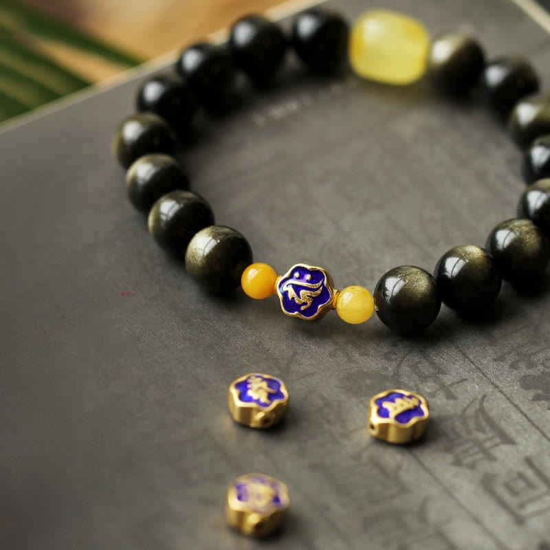 Bracelet de protection du zodiaque chinois en obsidienne dorée brillante de 10 mm