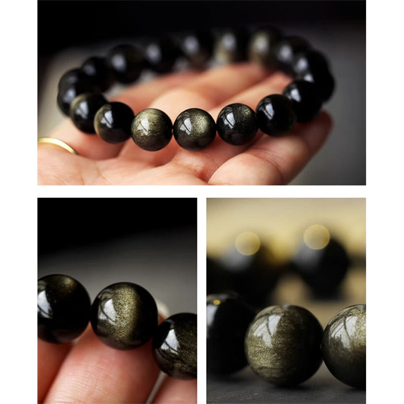 Bracelet de protection du zodiaque chinois en obsidienne dorée brillante de 10 mm