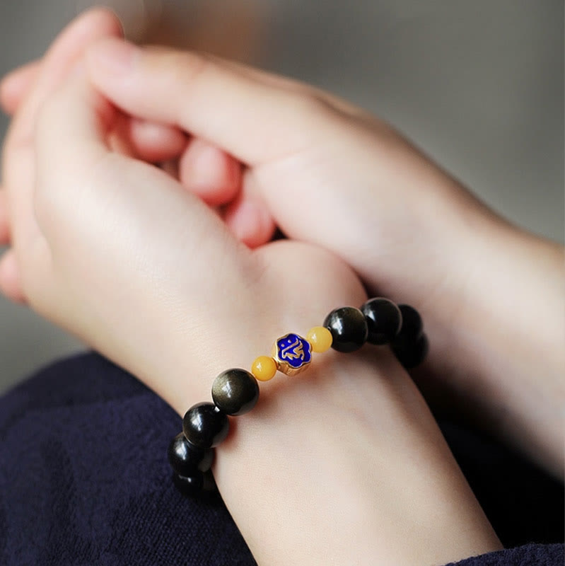 Bracelet de protection du zodiaque chinois en obsidienne dorée brillante de 10 mm