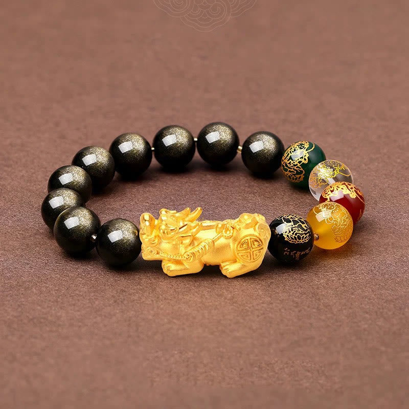 Bracelet Pixiu en obsidienne dorée brillante de 10 mm pour la richesse et la protection