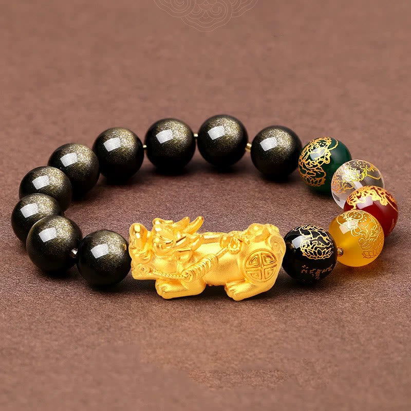 Bracelet Pixiu en obsidienne dorée brillante de 10 mm pour la richesse et la protection