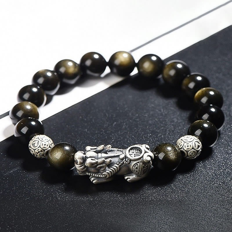 Bracelet Pixiu en obsidienne dorée brillante de 10 mm pour la protection de la richesse