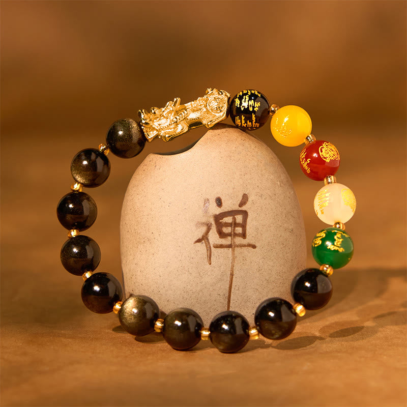 Bracelet Pixiu en obsidienne dorée brillante de 10 mm pour la richesse et la protection