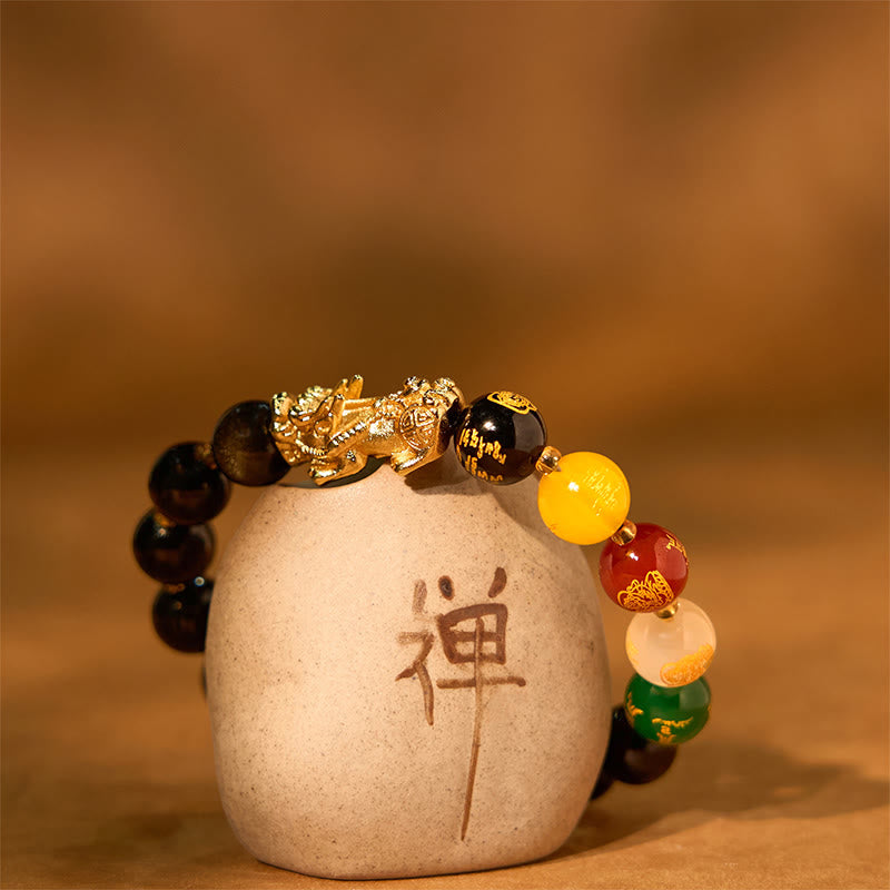 Bracelet Pixiu en obsidienne dorée brillante de 10 mm pour la richesse et la protection