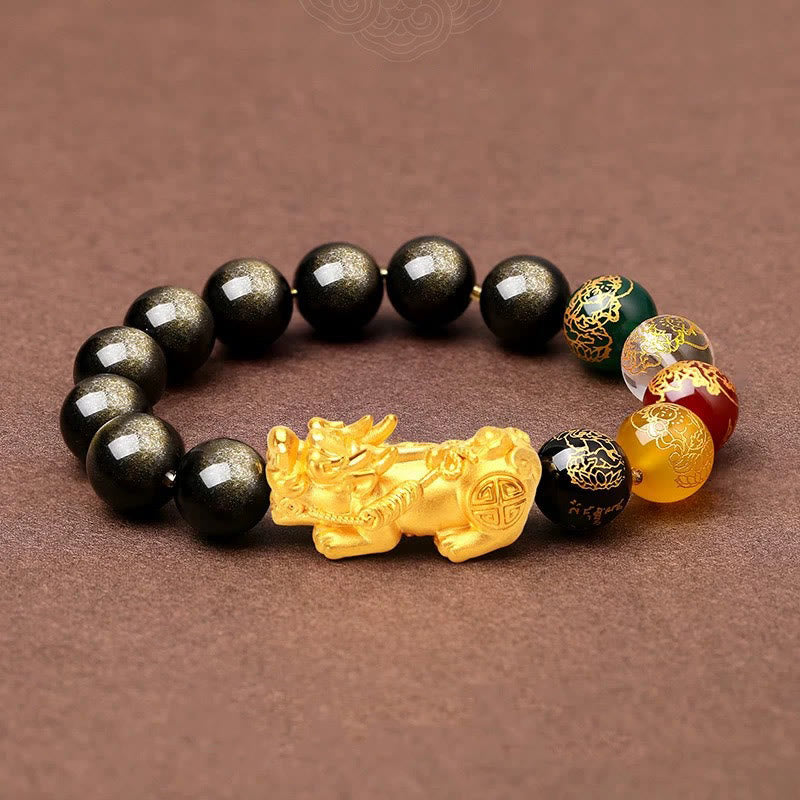Bracelet Pixiu en obsidienne dorée brillante de 10 mm pour la richesse et la protection