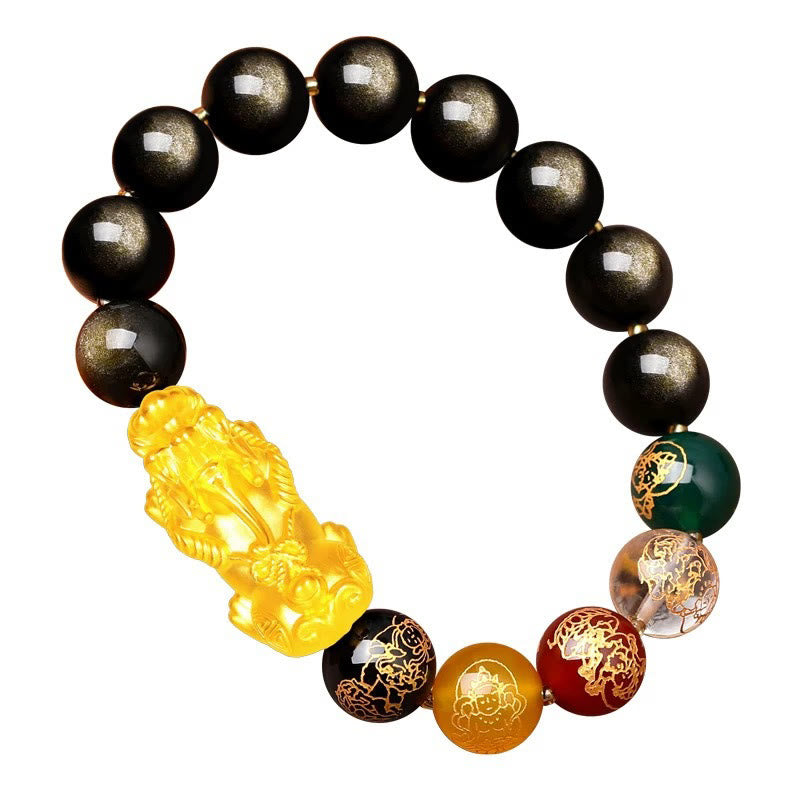 Bracelet Pixiu en obsidienne dorée brillante de 10 mm pour la richesse et la protection