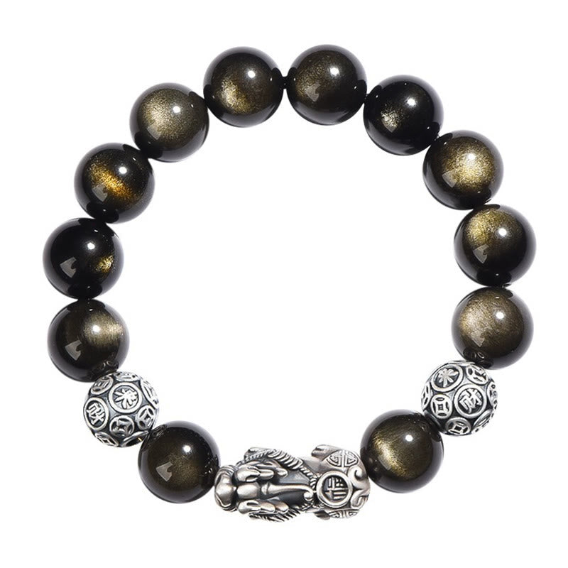 Bracelet Pixiu en obsidienne dorée brillante de 10 mm pour la protection de la richesse