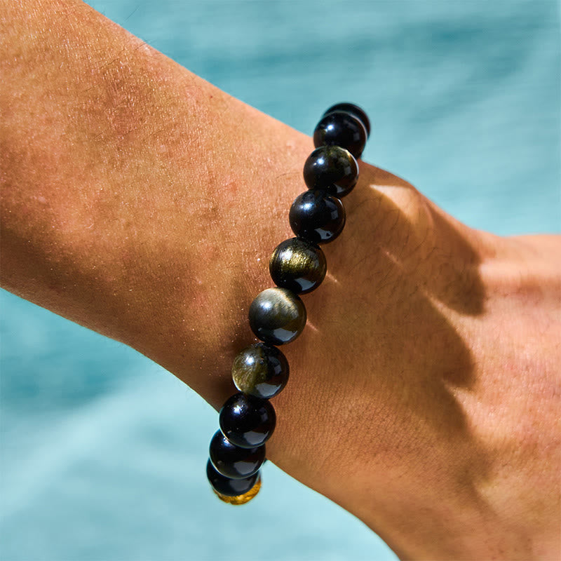 Bracelet de richesse Pixiu Om Mani Padme Hum en obsidienne dorée brillante de 10 mm
