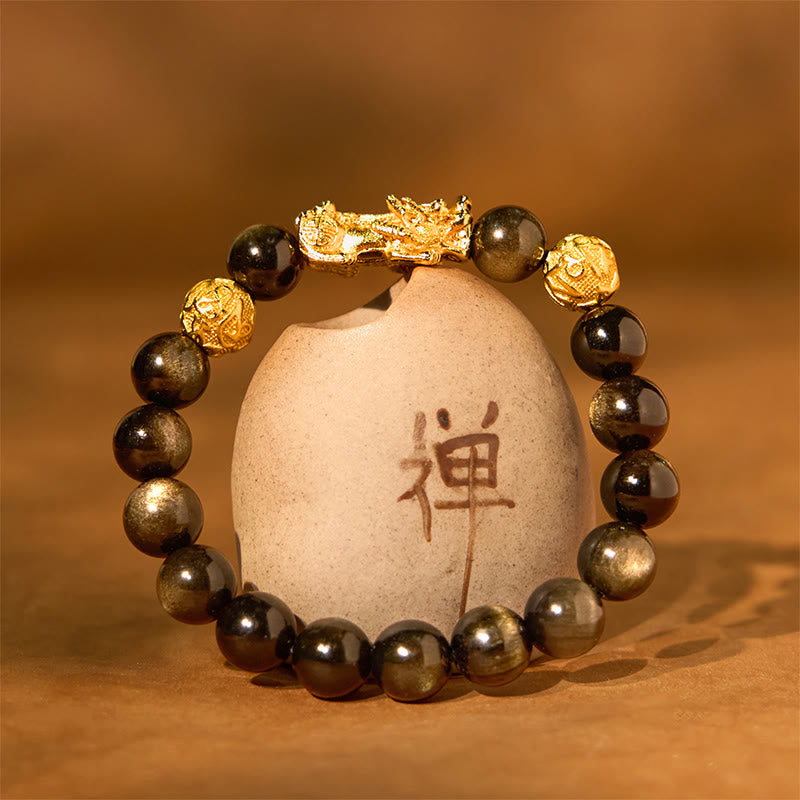 Bracelet de richesse Pixiu Om Mani Padme Hum en obsidienne dorée brillante de 10 mm