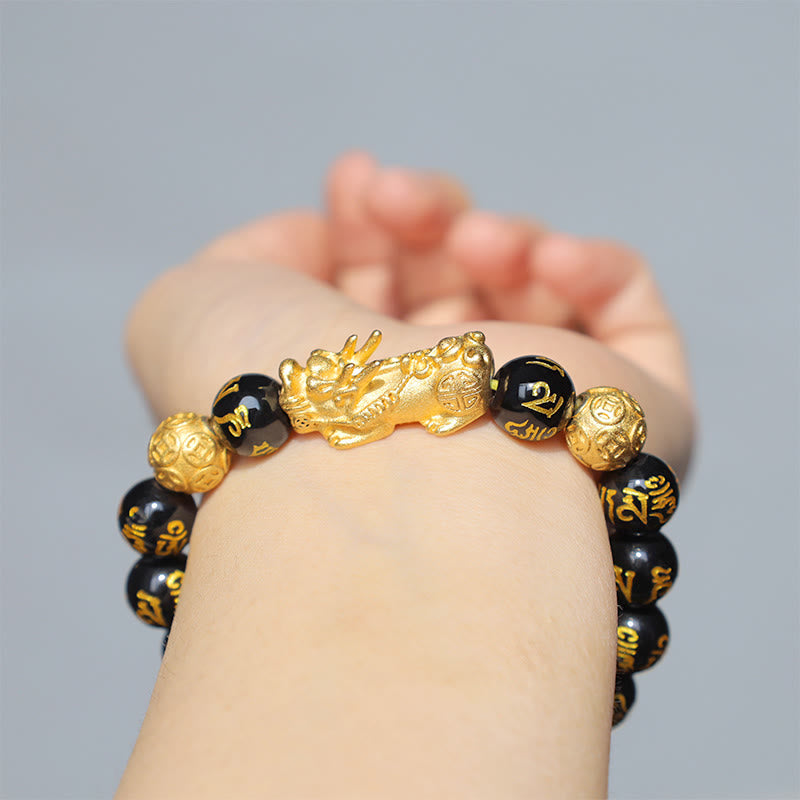 Bracelet Feng Shui Pixiu en obsidienne de 10 mm