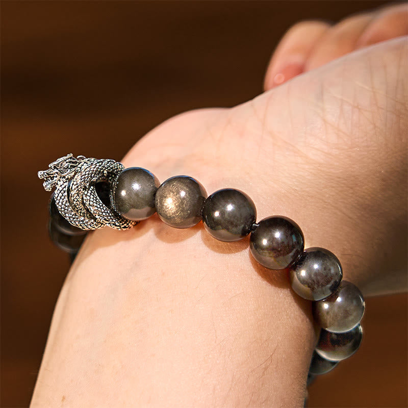 Bracelet de protection dragon en obsidienne argentée brillante de 10 mm