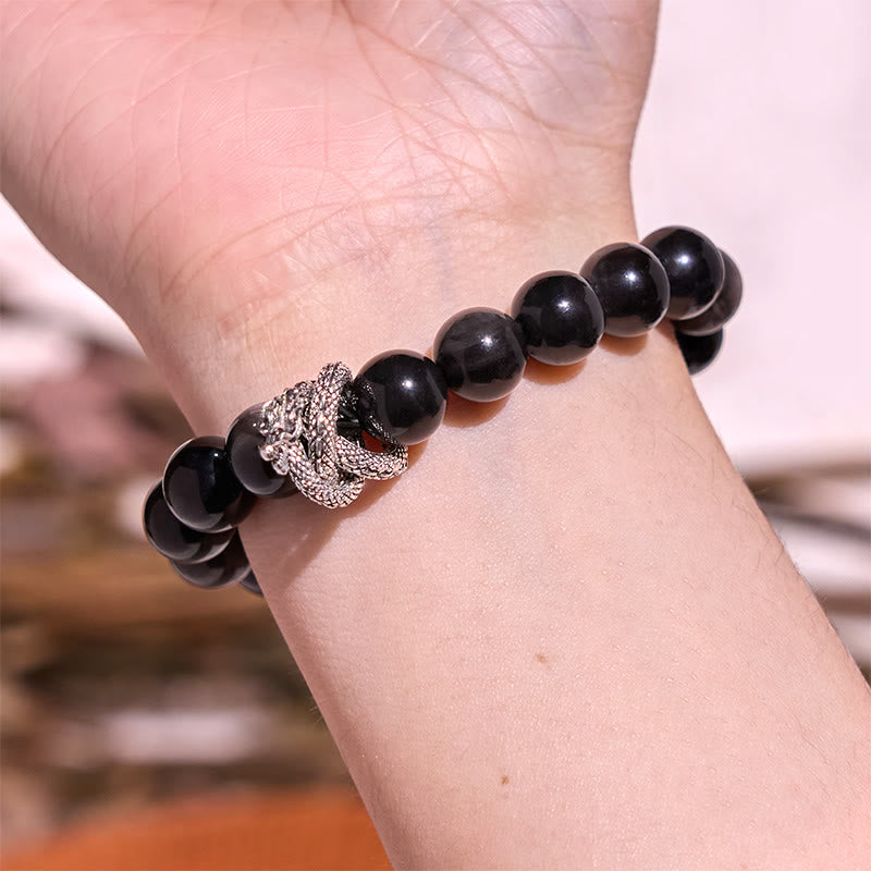 Bracelet de protection dragon en obsidienne argentée brillante de 10 mm