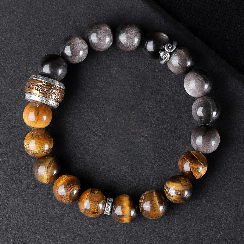 Bracelet Om Mani Padme Hum en obsidienne œil de tigre argenté brillant de 10 mm
