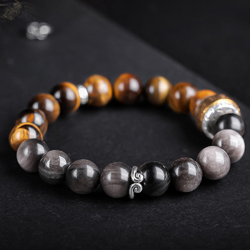 Bracelet Om Mani Padme Hum en obsidienne œil de tigre argenté brillant de 10 mm