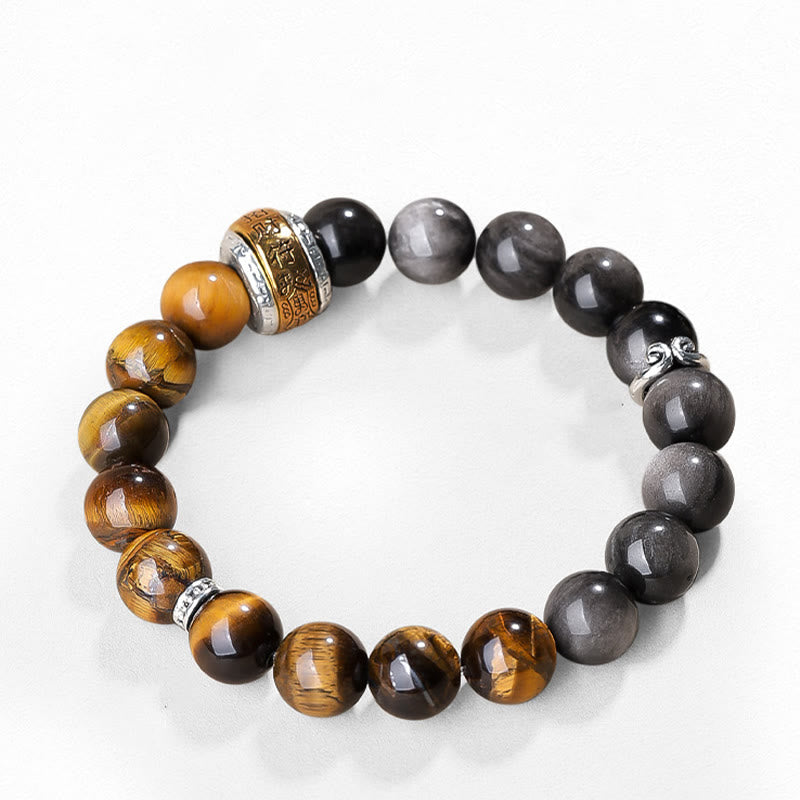 Bracelet Om Mani Padme Hum en obsidienne œil de tigre argenté brillant de 10 mm