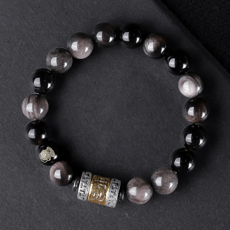 Bracelet Om Mani Padme Hum en obsidienne œil de tigre argenté brillant de 10 mm