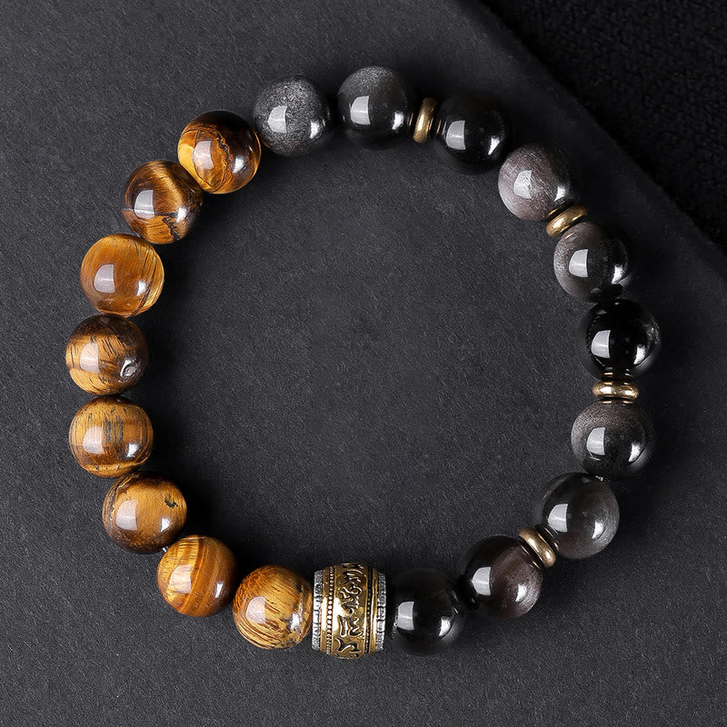Bracelet Om Mani Padme Hum en obsidienne œil de tigre argenté brillant de 10 mm