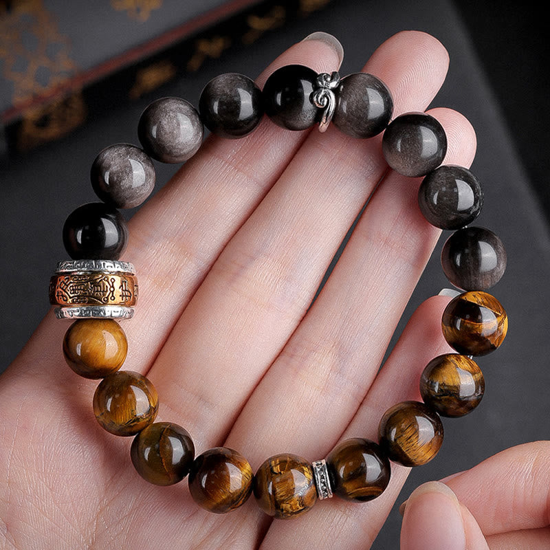 Bracelet Om Mani Padme Hum en obsidienne œil de tigre argenté brillant de 10 mm