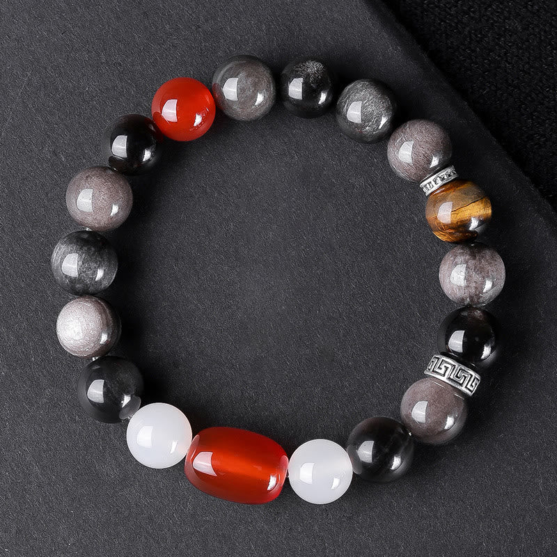 Bracelet Om Mani Padme Hum en obsidienne œil de tigre argenté brillant de 10 mm