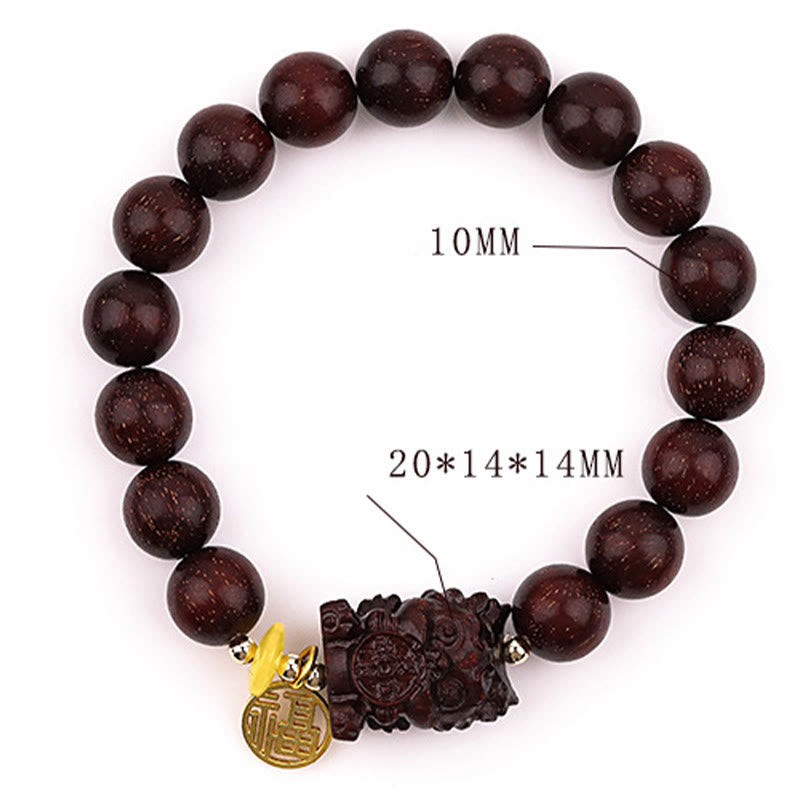 Bracelet spirituel en bois de santal rouge à petites feuilles de 10 mm avec breloque avaleuse en or pour le calme