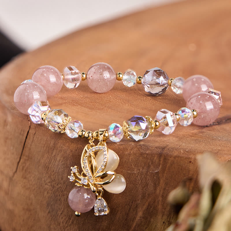 Bracelet de guérison papillon en quartz fraise de 10 mm pour femme