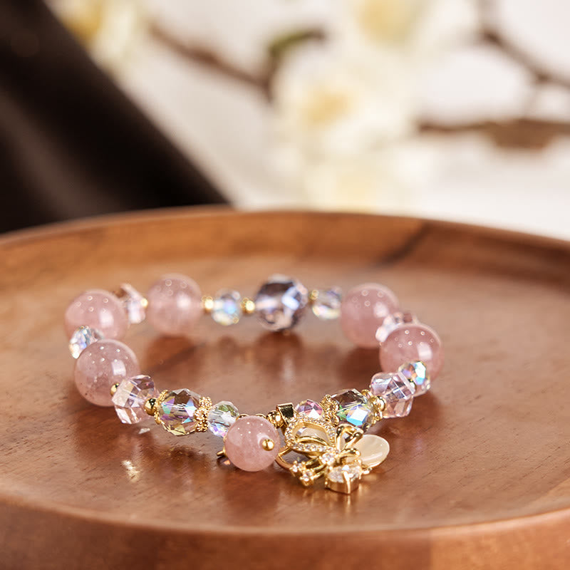 Bracelet de guérison papillon en quartz fraise de 10 mm pour femme