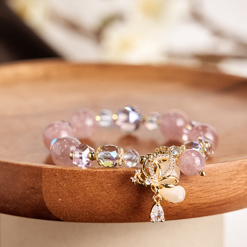 Bracelet de guérison papillon en quartz fraise de 10 mm pour femme