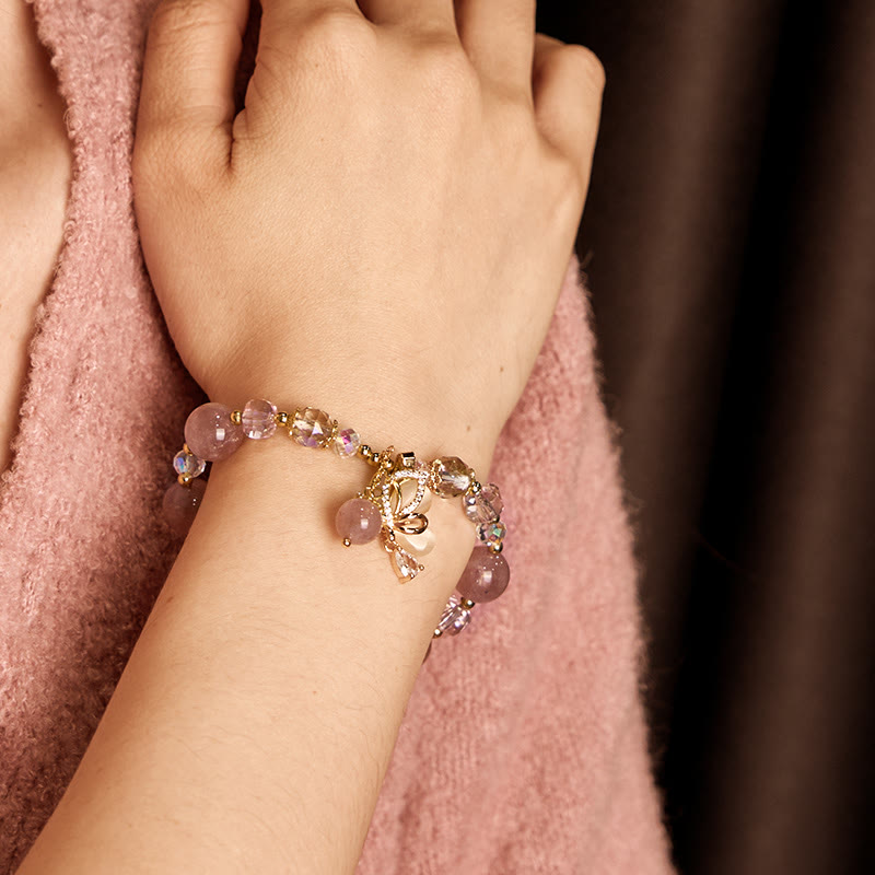 Bracelet de guérison papillon en quartz fraise de 10 mm pour femme