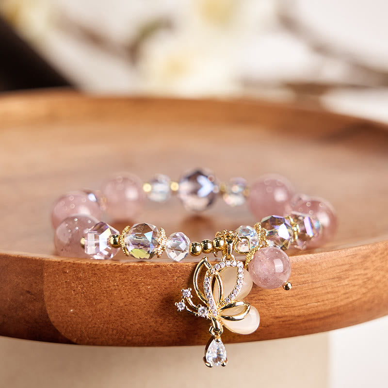 Bracelet de guérison papillon en quartz fraise de 10 mm pour femme