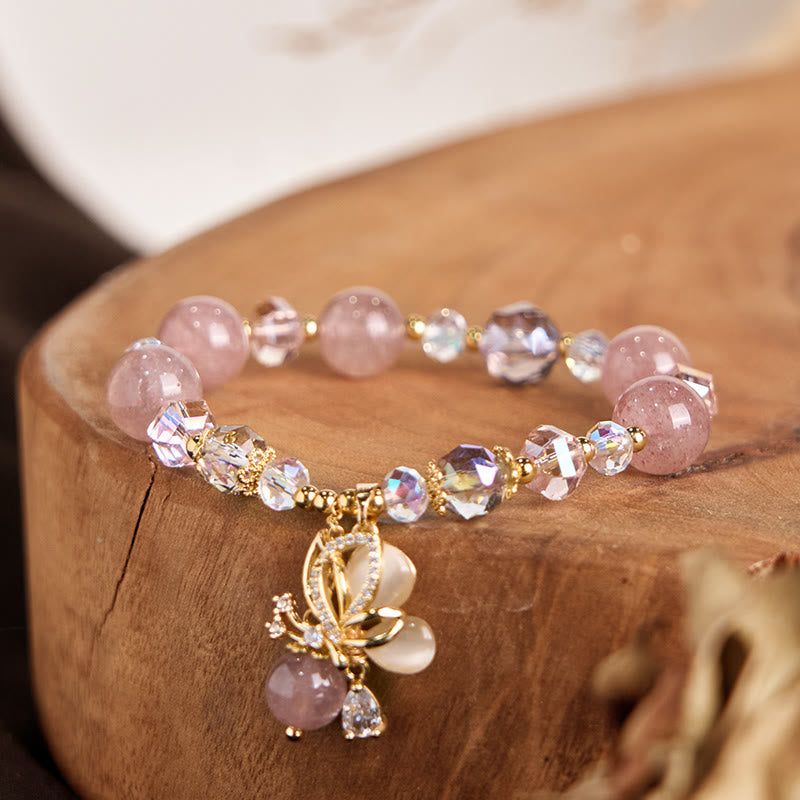 Bracelet spirituel papillon en quartz fraise de 10 mm pour femme