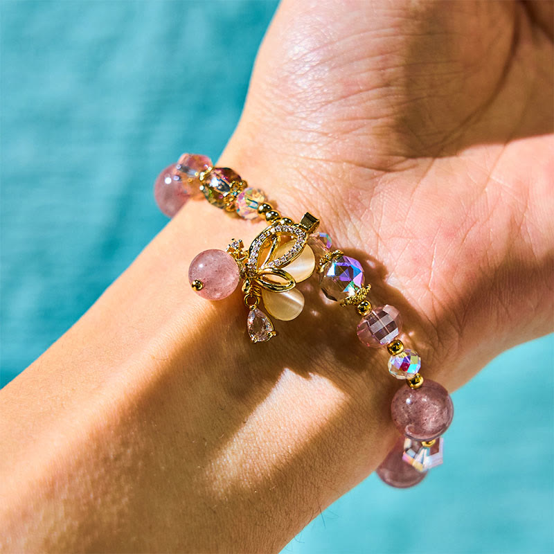 Bracelet spirituel papillon en quartz fraise de 10 mm pour femme
