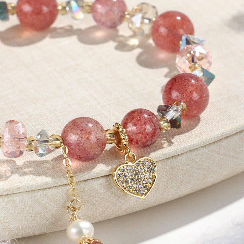 Bracelet de guérison en forme de cœur en quartz fraise de 10 mm