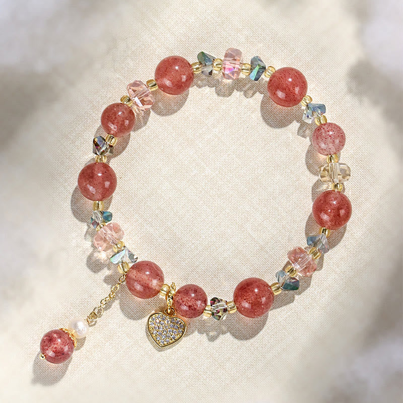 Bracelet de guérison en forme de cœur en quartz fraise de 10 mm