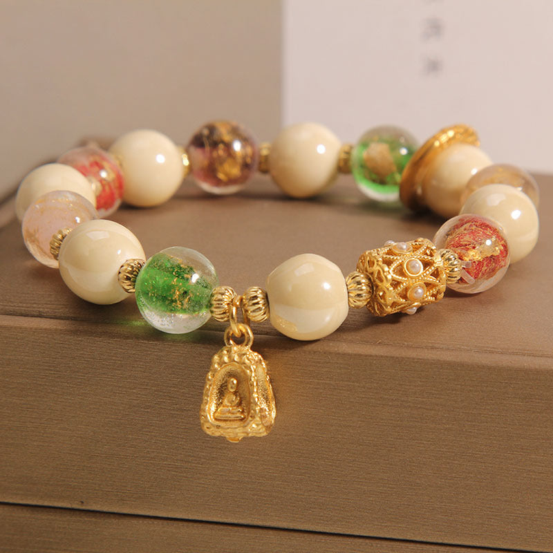 Bracelet tibétain en verre Liuli de 10 mm, motif Bouddha et Lotus, illumination