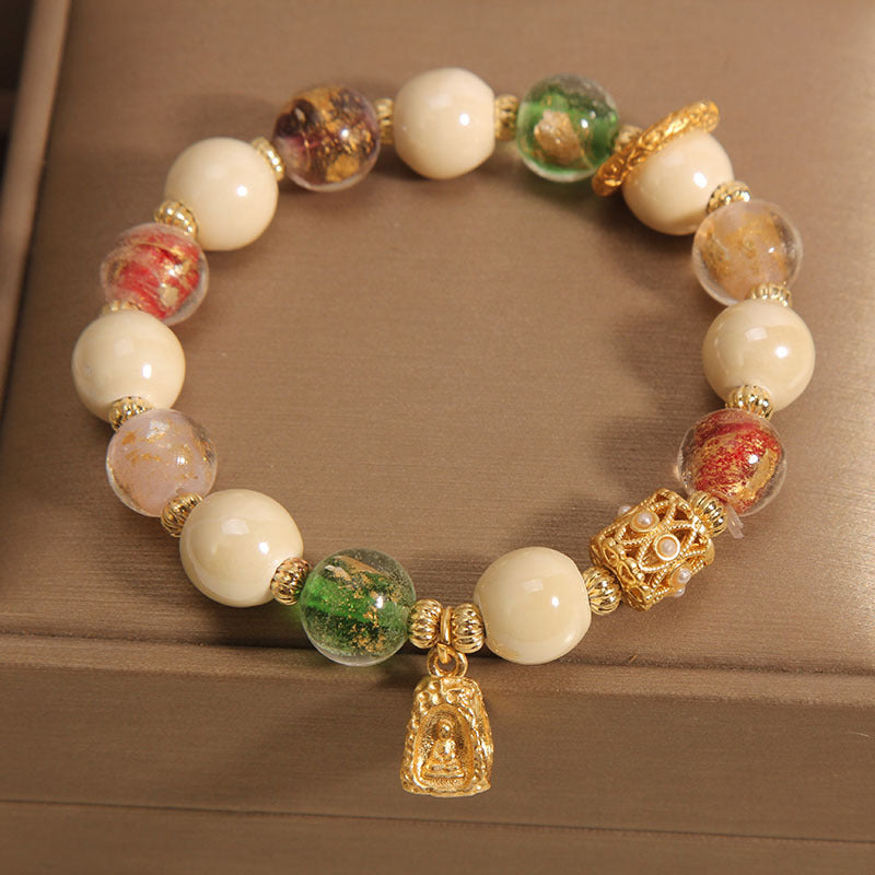 Bracelet tibétain en verre Liuli de 10 mm, motif Bouddha et Lotus, illumination